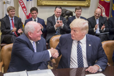 Agriculture Secretary Sonny Perdue attends a Farmer's Roundtable where President Donald Trump signed the Executive Order Promoting Agriculture and Rural Prosperity in America April 25, 2017, at the White House in Washington, D.C.. USDA photo by Preston Keres